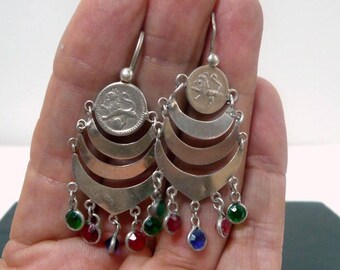 Guatemala Sterling Silver Earrings // Ethnic Mayan Coin Chandelier Earrings // Vintage Jewelry