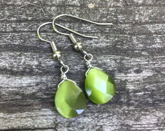 Green Cats Eye Glass Teardrops . Earrings