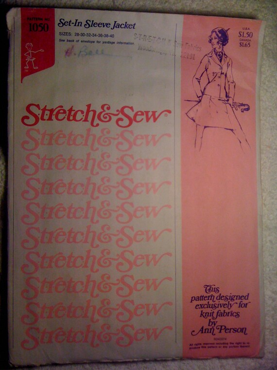 Stretch and Sew Sewing Pattern 1050 70s Misses Set In Sleeve Jacket Bust Size 28-40 Uncut