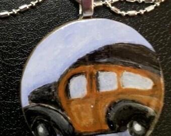 RECYCLED--Old Car--Hand Painted Vintage Panel Van Necklace