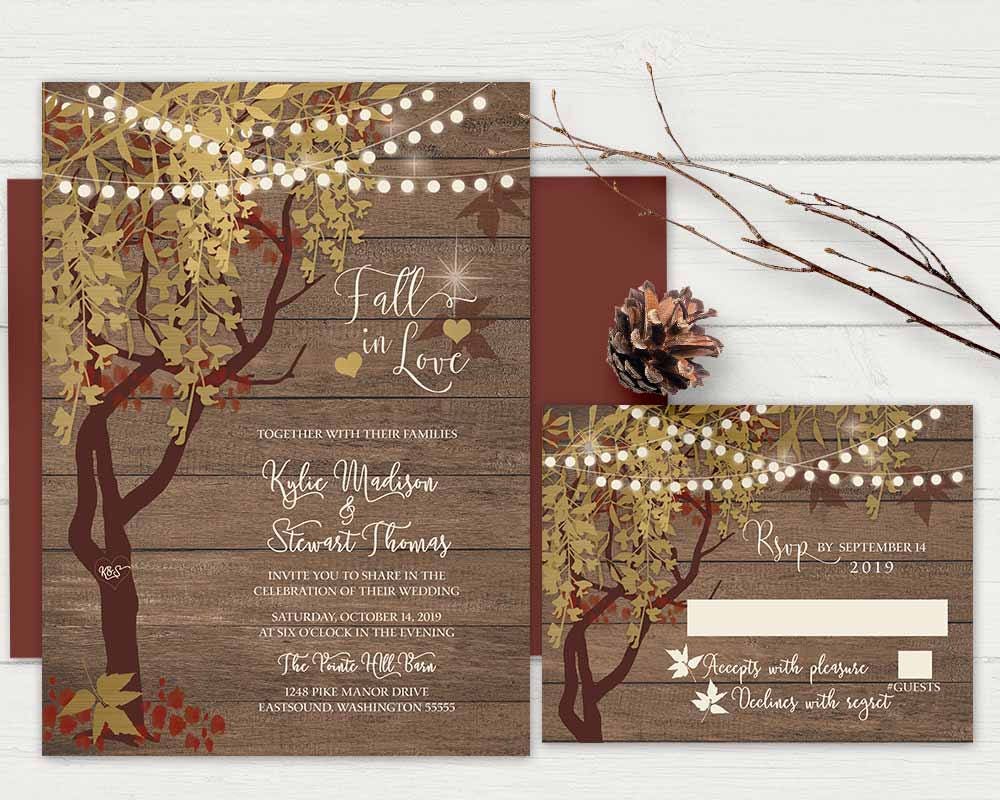 Rustic Fall Wedding Invitation Rustic Gold Tree Wedding Fall wedding invitations which you can order to print on your own or we can print them for you. • • • • • DETAILS • • • • • This wedding set is available in th
