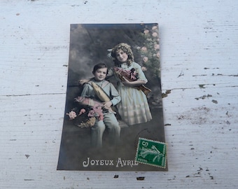 Antique 1900/1910s postcard French real photo recolored women first of April
