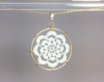 Serendipity doily necklace, white silk thread, 14K gold-filled