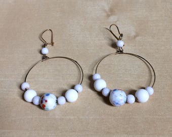 Vintage Chandelier Hoop Earrings With Speckeled White Beads