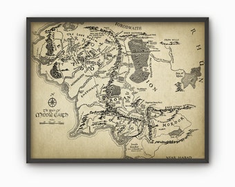Lord of the Rings Map Wall Art Poster - Middle Earth Map - Lord Of The Rings Fantasy Map - Mordor - Rohan - Gondor - Hobbit - Gandalf