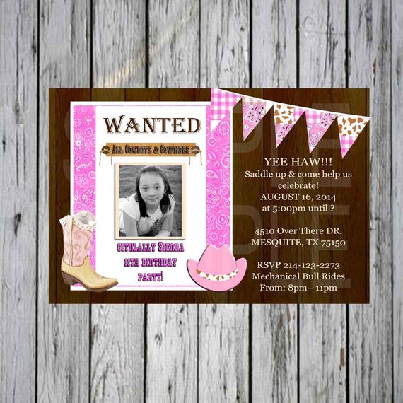 Cowgirl Wild West Boot and Hat style Birthday Invitation