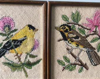 Two Framed Vintage Cross-Stitch Birds