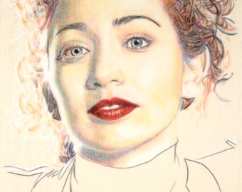 Original hand drawn portrait of Regina Spektor, in charcoal and pastel on calico