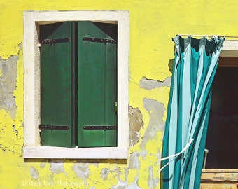 Italy Photography Print, Italian Wall Art, Rustic Wall Decor, Burano Italy Building, Yellow Teal Art, Horizontal Travel Print