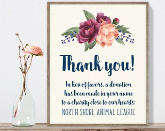 Burgundy Thank You Sign / In Lieu Charity Donation / Peony Berry Bouquet, Peach Blush Pink Ranunculus▷ Printable File {or} Printed & Shipped