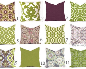 Outdoor or Indoor Custom Pillow Covers - Green Olive Grass Bay Ivory Purple Plum Lilac Lavendar Modern Tribal Quatrefoil Ikat 18x18, 16x16