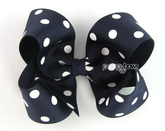 Girls Hair Bows - navy blue hair bow polka dot - 4 inch hair bows - big hair bows - boutique bows, large hair bows - girl hairbows, non slip