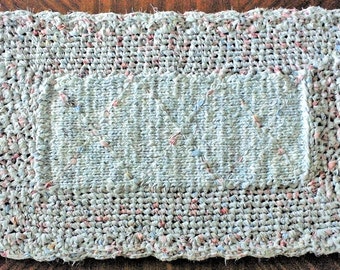 Rag Rugs, Shabby Chic Rug, 42" Crocheted Fabric Rug, Table Runner, Trivets, Handmade Rug, Cottage Rug, Elegant Rug, White Rug, Pale Blue Rug
