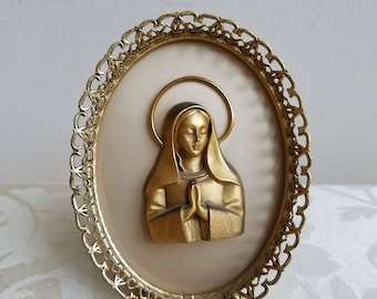 Vintage Praying Madonna In Gold Filigree Metal Frame, Blessed Mother Virgin Mary, Framed Religious Art Sculpture Figure For Wall or Tabletop