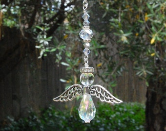 Guardian Angel, Quartz Crystal Rearview Mirror Car Charm, Ornament, Hanging Angel Window Decoration, Memorial