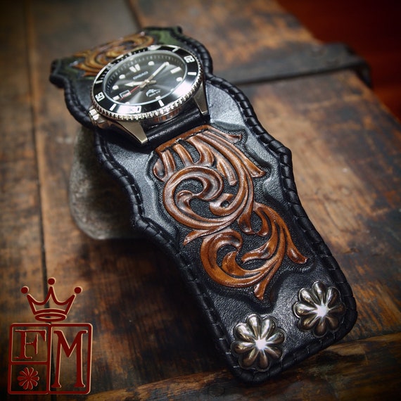 Mens Leather Cuff Watch- Black Traditional Scrollwork with Casio Diver- Rockstar Quality Bracelet made for YOU in NY by Freddie Matara