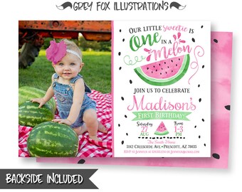Watermelon Picture Invitation, Watermelon Birthday Invitation, Watermelon Party, One in a Melon Invitation, 1st Birthday, Digital, Printable