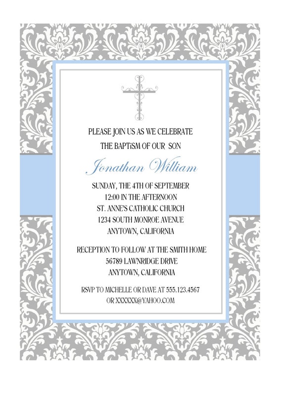 elegant baptism invitation for boy personalized gray and