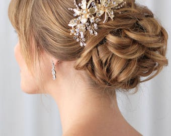 Gold Bridal Hair Clip, Gold Wedding Hair Clip, Floral Hair Clip, Bridal Hair Comb, Gold Headpiece, Gold Hair Clip,Bride Hair Clip ~TC-2288
