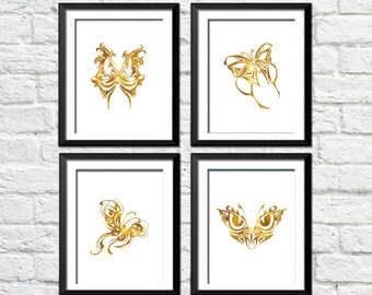 Butterfly Printable Art Set of 4 Prints Gold White Fantasy Insect Summer Print Nursery Fauna Home Decor Digital Art / Instant Download