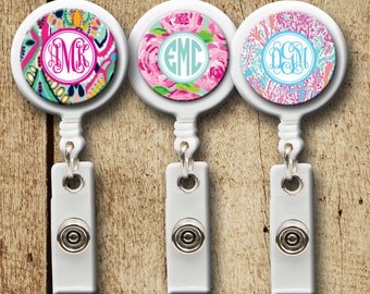 Preppy Badge Reel, Lilly Inspired Badge holder, Retractable badge reel, Monogram Gifts, ID Holder, Monogram Badge Holder
