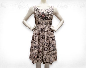 Sea Monsters screenprinted Cotton Dress- Sepia