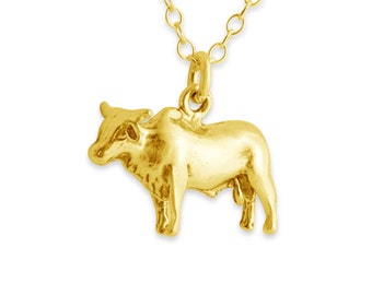 Solid 3D Bull Ox Calf Bullock Male Animal Taurus Zodiac Sign Charm Pendant Necklace #14K Gold Plated over 925 Sterling Silver #Azaggi N0107G
