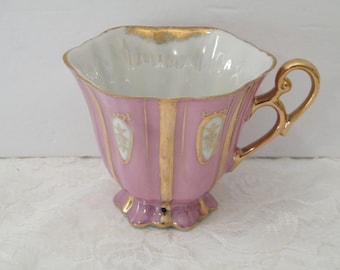 Purple Footed Cup iridescent pearl brushed gold accent, Vintage single lavender teacup golden roses in white ovals, orphaned porcelain