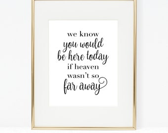 We know you would be here today if heaven wasn't so far away, 8x10 Printable wedding memorial sign, remembrance sign, Digital memory sign