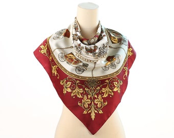 Vintage Equestrian Scarf 70s Bohemian Ladies Royal Scarf Carriage Print Shawl White Brown Gold Luxury Neck Scarf Silky Neckerchief Gift Idea