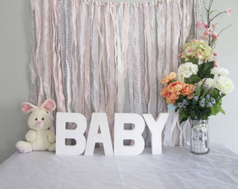 Ribbon Backdrop, Shabby Baby Shower Backdrop, Photobooth Backdrop, Pink, Gray & White