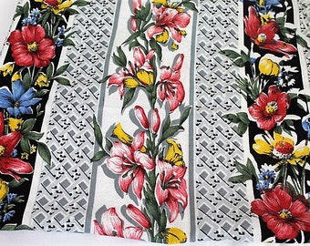 Vintage Floral Barkcloth Fabric/ Stripes & Flowers/ Craft Supplies and Tools/ Haberdashery/ Sewing/ Upholstery
