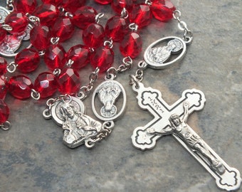 Sacred Heart Rosary of Ruby Red Czech Glass, 5 Decade Rosary, Men's Rosary, July Rosary, Catholic Rosary, Birthstone Rosary, Large Size