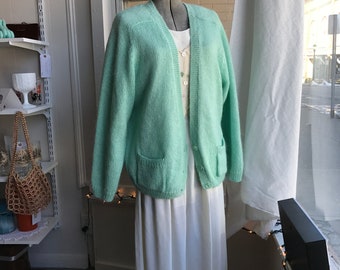 Vintage 1980s Pastel Green Mohair Blend Cardigan Sweater Jumper with Pockets