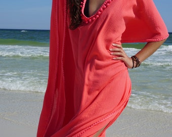 Beach cover ups, Short coverup with Pom poms, swimsuite coverup, gauze cotton coverup, resort wear, must have for any beach vacation