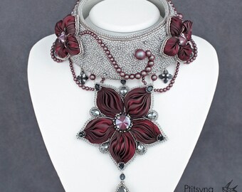 Bead embroidery necklace, shibori ribbon necklace with flowers and swarovski, Shibori ribbon jewelry, bead embroidery shibori jewelry