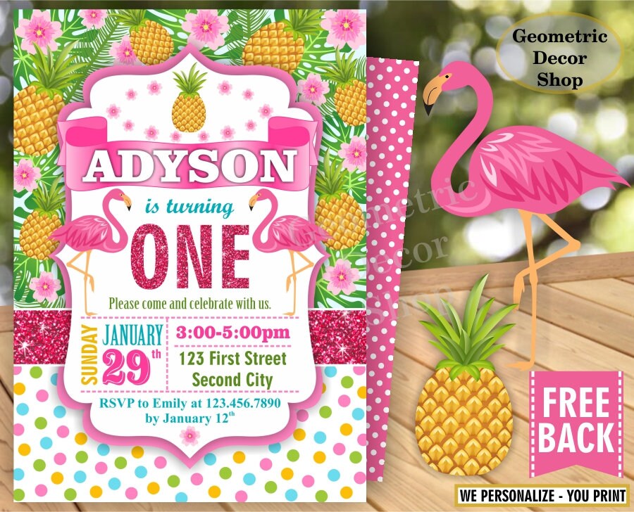 Flamingo Pineapple First Birthday Invitation 1st Any age