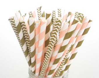 Paper Straws Summer Breeze Vintage Pink & Gold Mix / Pack of 25 Straws / Weddings Anniversary Birthdays Bridal Unicorn Inspired