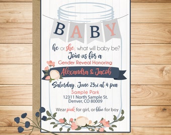 Mason Jar Gender Reveal Invitation - Rustic, mason jars, flowers, He or she, pink or blue, Navy Blue, Coral, Pink