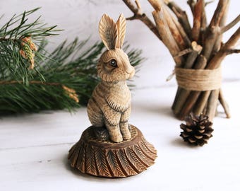 Wood Carving Wooden Rabbit Statue Bunny Rabbit Figurine Wooden Animal Totem Wooden Statue Bunny Miniature Hand Carved Hare sculpture