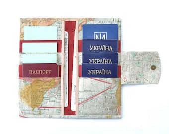 8 passport wallet Family passport holder Family passport wallet Family gift Travel wallet Travel accessories Map print World map