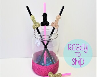 Bachelorette Party Penis Straws, set of 10- Black Pink Gold Glitter - Same Penis Forever Decor, Penis Party Straws, Hen Party, Last Fling