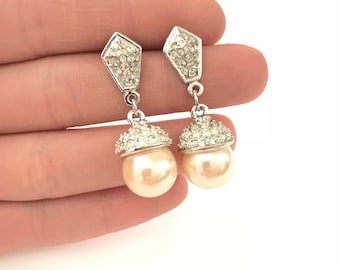 Gorgeous Vintage Pave Faux Pearl Dangle Drop Earrings // Wedding Earrings // Bridal Jewelry