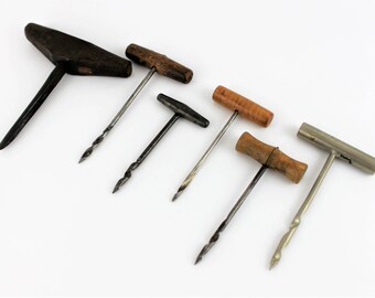 Collection of Six Antique Gimlets, Hole Bore, Primitive Hand Tools