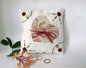 Wedding Ring Pillow, Off White Linen Ring Pillow, Rustic and Vintage Design, Handmade French Jouy and Linen Ring Cushion