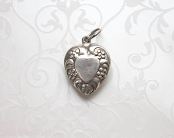 Vintage Sterling Repousse Puffy Heart Charm, heart shape sterling charm, vintage Valentine's Day, 1940s puffy heart charm