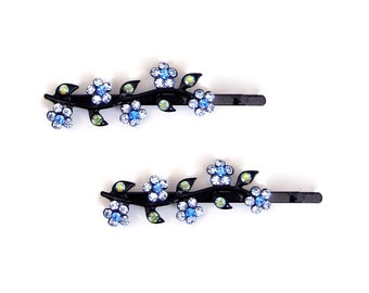 Crystal Flower Bobby Pin PAIR Hair Clip Accessory Black Tone Blue