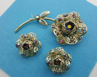 Sarah Coventry Fashion Flower Brooch and Small Pair Clip earrings 1961 mint condition