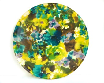 Vintage Round Floral Tray~ Mid Century serving tray~ Large fiberglass round platter