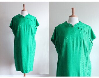 1950s Dress / Vintage Green Moiré Lane Bryant Dress